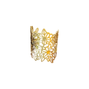 Elegant gold hollow flower open bangle with vintage floral pattern on white background