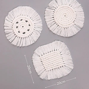 Handwoven boho cotton coasters set with tassels in round and square shapes, 20cm size