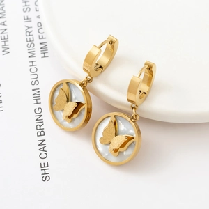 Gold butterfly hoop earrings with natural shell inlay and sparkling diamond accents