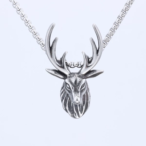 Vintage stainless steel sika deer head pendant necklace with O-chain for men