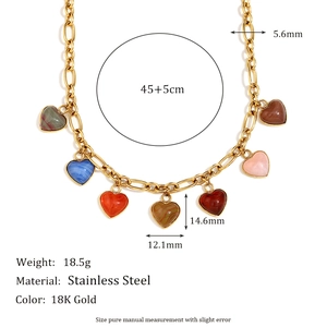 18K gold plated stainless steel chain necklace with colorful heart pendants and dimensions