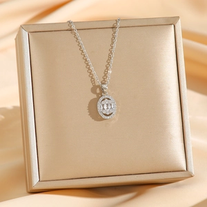 Elegant silver titanium steel necklace featuring a double oval pendant with sparkling zircon