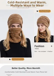 Nahaufnahme von braunem Strickmützen- und Schal-Set mit weichem Fleecefutter und Wellenmuster