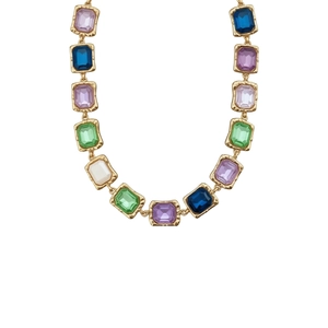 Vintage gold square necklace with colorful crystals including blue, purple, and green stones