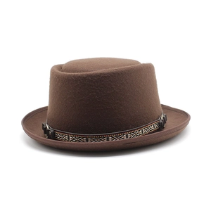 Classic dark brown wool felt fedora with ethnic patterned band and leather strap buckle
