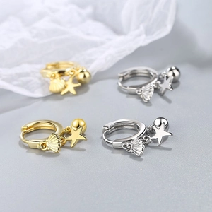 Elegant s925 silver needle starfish and seashell hoop earrings in gold and silver