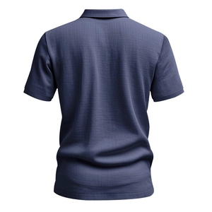 Rear view of breathable navy blue linen polo shirt for men with high texture detail