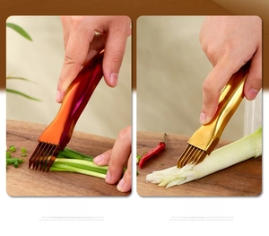 Close-up of stainless steel scallion cutter with multiple blades and golden metal handle
