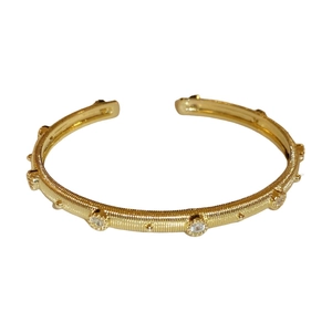 Minimalist gold plated open cuff bracelet with sparkling crystal inlay and textured metal finish