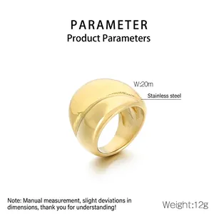 Detailed size parameters of 18K gold plated stainless steel dome ring showing 20mm width