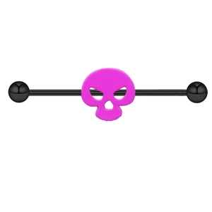 Macro view of industrial piercing barbell with pink skull center and black steel finish