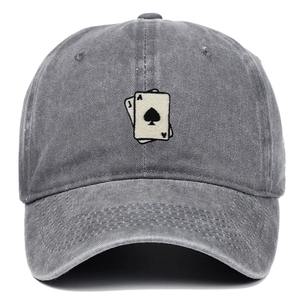 Vintage washed grey denim baseball cap featuring poker card Ace and Jack embroidery