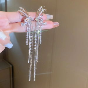Detailed close-up of sparkling zircon butterfly earrings with long fringe tassels