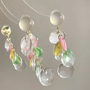 Bohemian silver needle drop earrings with colorful translucent resin flower tassels