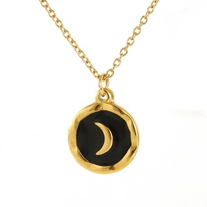 Gold moon pendant necklace with black enamel inlay and minimalist link chain
