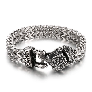Vintage Viking raven head bracelet made of heavy stainless steel woven chain for men