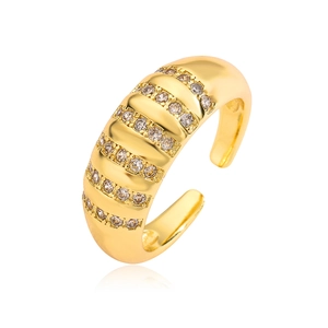 Adjustable gold plated geometric open ring with six rows of sparkling white zircons