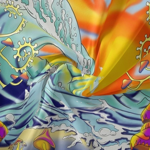 Close-up of soft psychedelic fabric with vibrant mushroom and wave pattern details