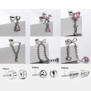 Titanium Steel Bow Heart Zircon Cartilage Earring Stud Screw Back Butterfly Pink Piercing Jewelry