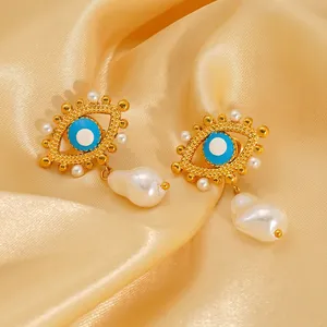 Evil Eye Artificial Baroque Pearl Earrings For Women 304 Stainless Steel 18K Gold Plated Enamel Vintage Boho Drop Jewelry