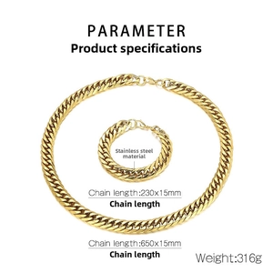 Detail view of gold stainless steel Cuban chain set with 15mm necklace and bracelet specs
