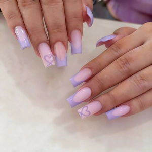 Pink and purple French square press-on nails with dark purple heart tips for women