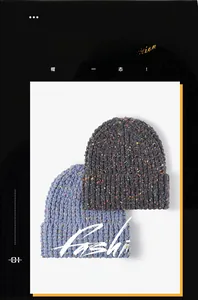 Detail of knit beanies with colorful speckled yarn and thick crochet texture for winter