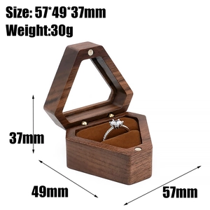 Hexagon dark brown wooden ring box with brown velvet lining for jewelry storage