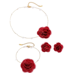 Elegant 18K gold stainless steel jewelry set with red fabric roses and small pearls