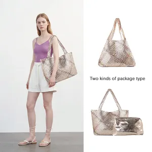 Metallic hand-woven tote and clutch set with shimmering rose gold textured finish