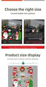 Size guide for Christmas window stickers showing installation dimensions and custom options