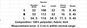 Detailed size chart for women knit sweater including bust, length and 100% polyester fabric