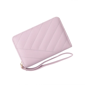 Quilted chevron women's long wallet in lavender purple PU leather with wrist strap