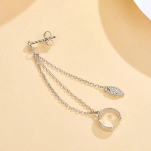 Elegant S925 sterling silver leaf tassel earring with integrated ear clip and long chains