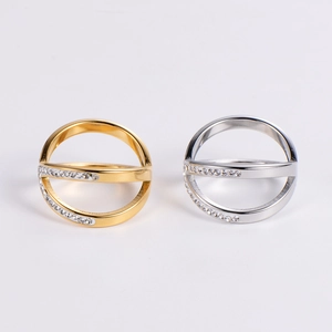 Detailed close-up of double-layer hollow rings with pavé diamonds in gold and silver finish