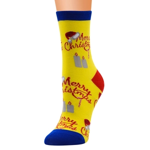 Yellow Christmas cotton socks featuring Santa hat and candy cane patterns for women