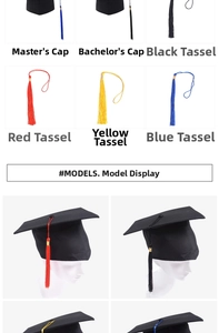 Detail view of academic graduation caps with various colorful tassels and model display