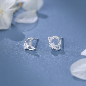 S925 sterling silver moon and planet stud earrings with white zircon on blue base