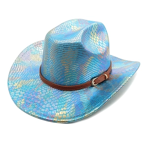 Iridescent blue snakeskin texture on western cowboy hat with brown faux leather belt strap