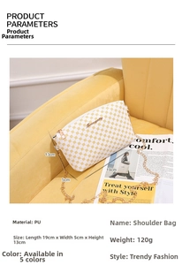 Detailed size view of a white printed chain bag showing dimensions 19x5x13cm and 120g weight