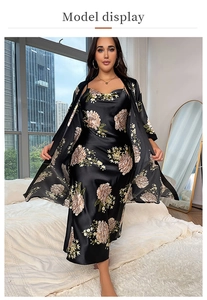 Detail of floral print satin sleepwear set with long robe and slip dress in black