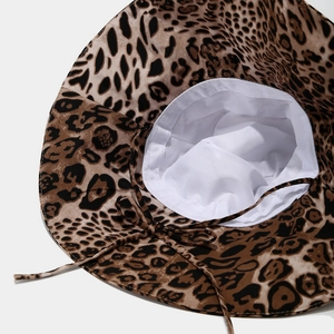 Fashionable leopard print sun hat with wide brim, chin strap, and white inner lining