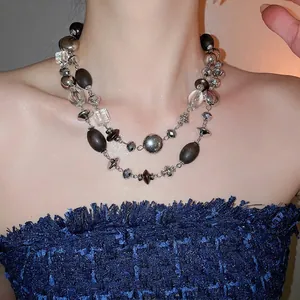 Double-layer vintage wooden beads and crystal geometric beaded necklace for women