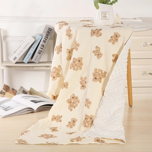 Detailed texture of double-sided baby blanket with teddy bear print and minky dot.