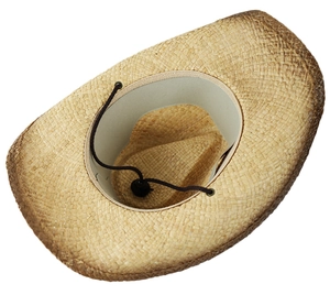 Detail of the straw cowboy hat interior with adjustable black chin strap and sweatband