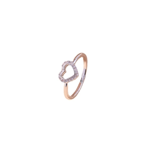 Elegant rose gold heart ring with hollow center and sparkling zircons on white background