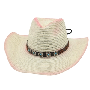 Western style straw cowboy hat with pink gradient brim and turquoise leather band decoration