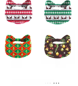 Macro detail of four festive Christmas elastic headbands featuring reindeer and tree patterns