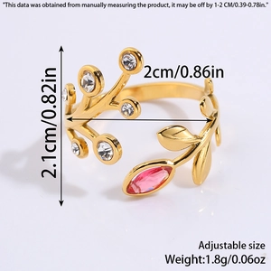 Detail view of gold adjustable branch ring with pink gemstone and dimensions