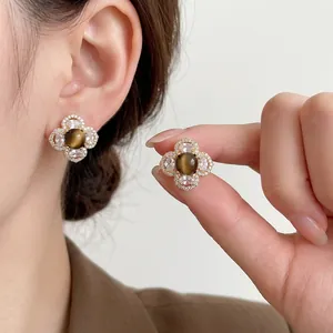 18k gold plated tiger eye clover earrings with sparkling zircon petal accents for women
